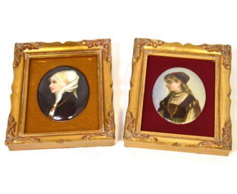 After FRIDERICH AUGUST VAN KAULBACH (1850-1920); a pair of miniature portraits on ceramic, one of a Berger woman and the othe