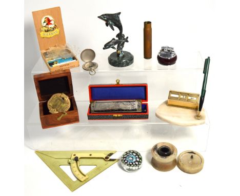 A collectors' lot comprising desk related items, a compass, a table lighter, a paperweight etc.