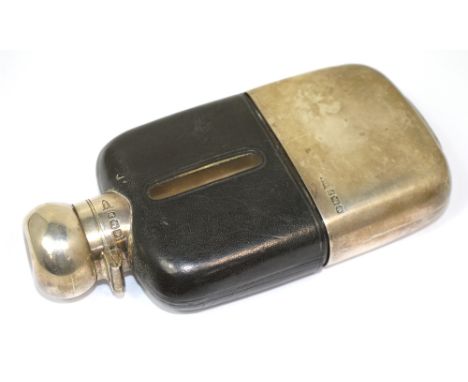 An Edward VII hallmarked silver and leather covered hip flask, Walker & Hall, Sheffield 1907.