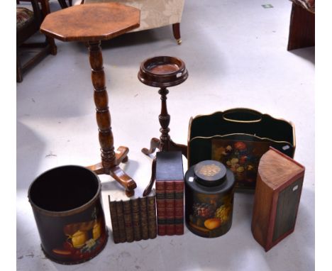 A reproduction oak stand on tripod base, height 75cm, a smaller similar smoker's stand and further decorative items to includ