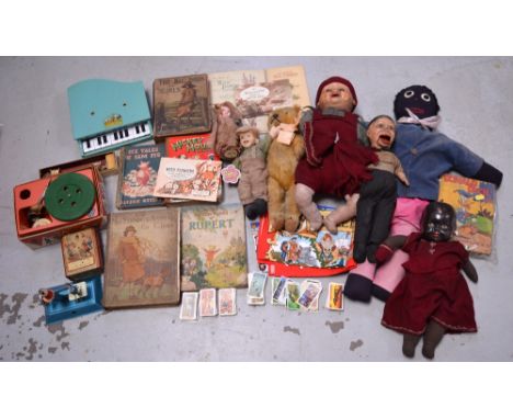A quantity of dolls and bears, to include a Reliable Canadian made doll, toy sewing machines, a Chad Valley toy gramophone, a