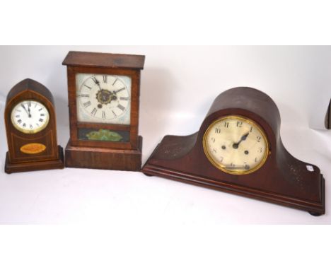 An Edwardian mahogany and inlaid mantel clock, the dial set with Roman numerals, height 24cm (af) and two further mantel cloc