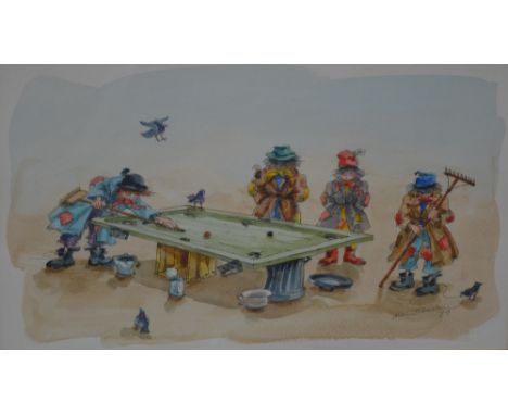 ALBIN TROWSKI (1919-2012); watercolour of tramps playing snooker on an improvised table with various garden tools, signed and