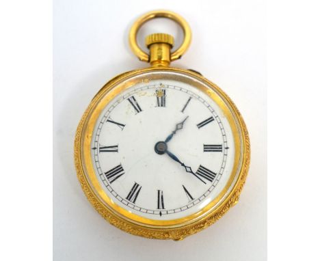 An 18ct yellow gold crown wind open face fob watch, the enamel dial set with Roman numerals. CONDITION REPORT General conditi