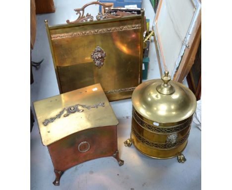 Two brass coal bins and a brass fireguard (3).