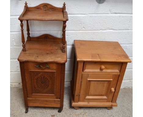 A walnut coal bin with upper shelf section on castors and a modern pine bedside cabinet (2).