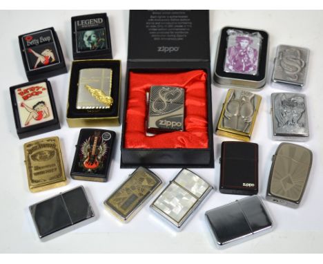 Seventeen mainly Zippo lighters to include limited edition examples depicting Bob Marley, Jack Daniels, Harley Davidson Cycle