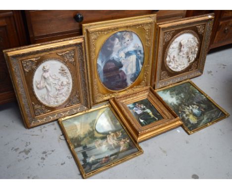A pair of modern composite classical style plaques in vintage frames, two children playing and a 19th century pastoral scene 