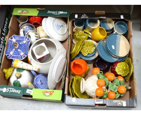 Two boxes of ceramics to include a Waring and Gillow 'Indian Tree' plate and a retro style blue and cream tea service, six cu