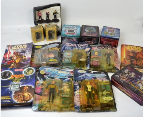 Five Star Trek figures in their original packaging, further Star Trek figures, a Star Wars trilogy Walkers Tazo collectors' F