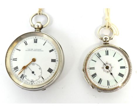 A silver open face pocket watch, the enamel dial set with Roman numerals and subsidiary seconds hand, inscribed 'A.C.M.E. Lev