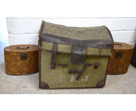 A green canvas strap bound trunk and a pair of graduated hat boxes (2).