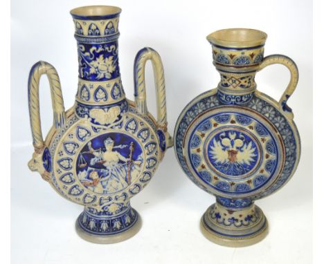 Two German salt glaze twin handle flask shaped vases with impressed marks to the base, height of largest 39cm (2).