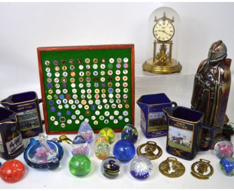 A collectors' lot comprising four 1990s limited edition Grand National jugs, glass paperweights, an anniversary style clock, 