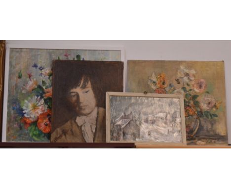 V MATHIAS; an oil on board depicting a Winter street scene, signed lower left, 25 x 38cm, two further floral works in the sam