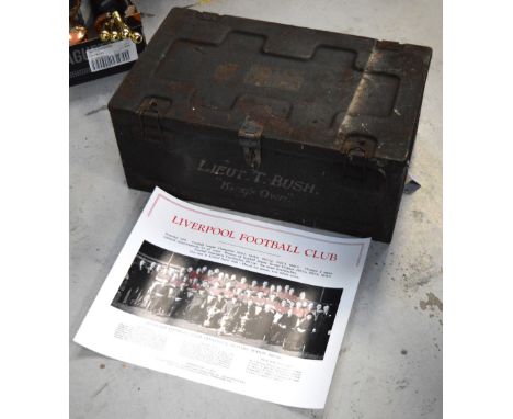 A WWII ammunition trunk, formerly the property of Lieutenant Tom Bush who played for Liverpool FC 1933-1947 and a copy of a p