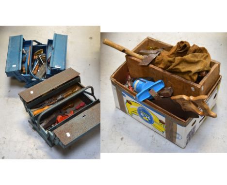 Two metal toolboxes containing a quantity of tools and a wooden toolbox with some further tools (3).