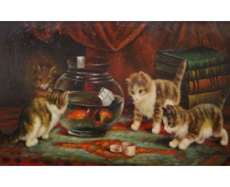 M HANSON; an oil on board of kittens playing with goldfish in a bowl, 18.5 x  39cm.