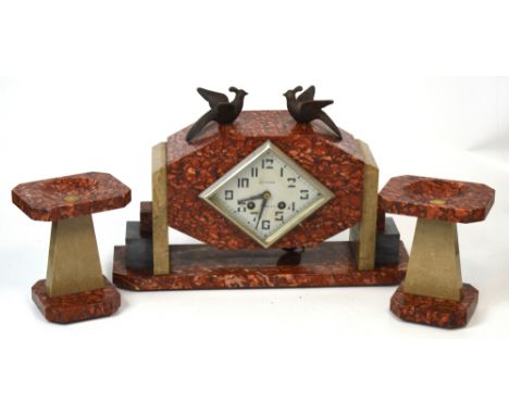 A Samuel Marti French eight day marble mantel clock, silvered dial set with Arabic numerals, width 38cm and a pair of garnitu