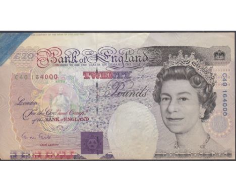BANKNOTE £20 note Gill, miss-cut in used condition, printing shifted down approx 5mm