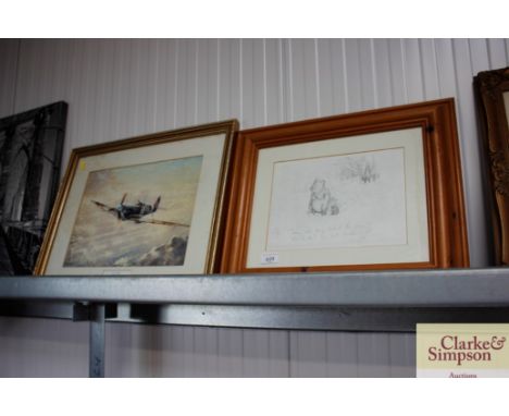 A pine framed Winnie the Pooh print and a Kevin Walsh print entitled "Lone Patrol" 