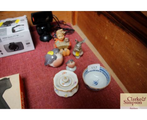 Three Royal Copenhagen ornaments; a Goebel figure; a blue and white tea bowl and a Meissen style pot and cover
