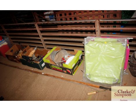 Two garden loungers and three boxes containing various hand tools, foot pump, galvanised pail etc. 