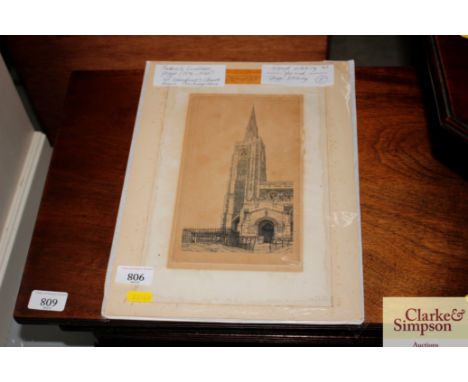 Frederick Landseer Griggs 1876-1938 "Church in Cambridge" signed etching as found