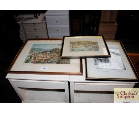 A pencil signed print of a view of a harbour; I Green ink study "View of York" and a pencil signed etching "View of Southburg