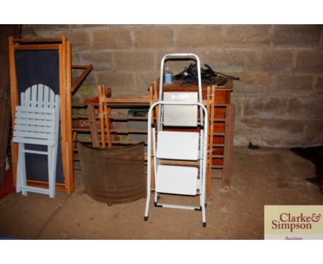 A small aluminium step ladder; a step stool; spark guard and clothes airer