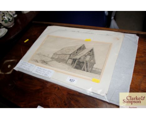 Suffolk barn etching; Suffolk map and Henry Davy etchings 