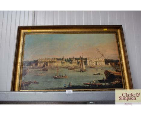 A gilt framed coloured print depicting a boating scene 