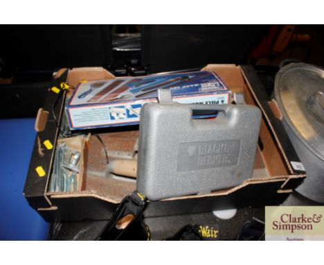 A box of various hand tools to include Black &amp; Decker cordless screwdriver