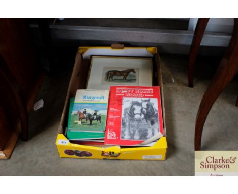 A box containing horse related books and magazines; and a print of a Suffolk mare