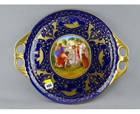 Vienna type porcelain two handled tray, cobalt and gilt decorated with central figural panel