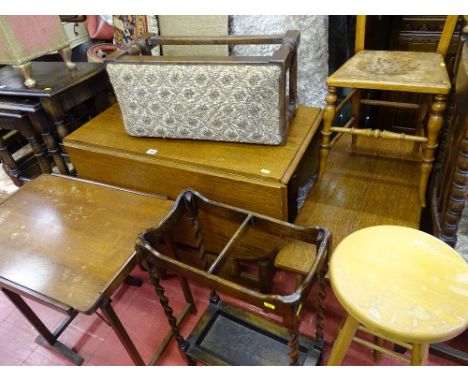 Parcel of mainly vintage oak furniture including a barley twist stickstand, gate leg table, an oak upholstered footstool etc