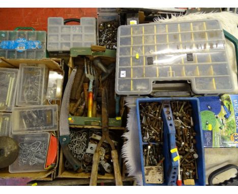 Quantity of plastic cases containing various fixings, screws, nuts, bolts, rawplugs, 15m Magic hose, saw and small hand tools