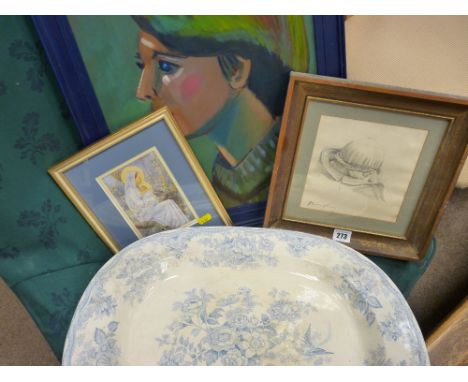 Sketch - 'Tramp Asleep in Amsterdam', indistinctly signed, oil on board - portrait, signed James, a print and a dresser platt