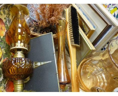 Amber glass oil lamp, prints, Poole plate