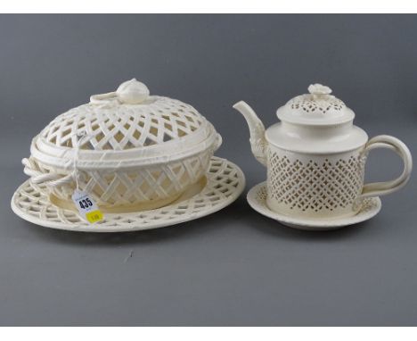 Modern Leeds Pottery classical cream ware reticulated teapot on stand and a basket weave tureen and cover on stand