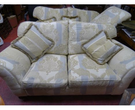 Excellent modern lounge suite of two x two seater couches, armchair and pouffe in a classical grey and cream stripe with gold