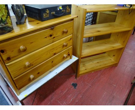 Modern pine open shelf unit and a three drawer bedroom chest