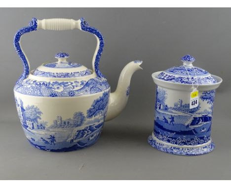 Spode Italian blue and white large pottery kettle and a lidded biscuit barrel