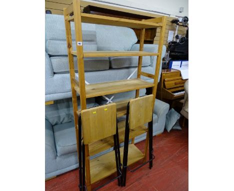 Modern pine open shelf unit and two tall folding stools