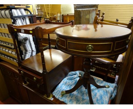 Reproduction drum topped occasional table with drawers and a two shelf, two drawer side table