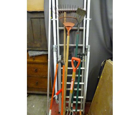 Multi-purpose ladder and a parcel of long handled garden tools