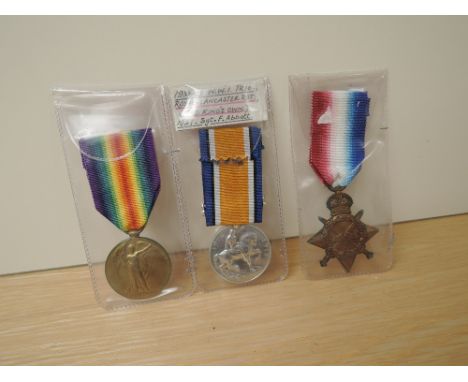 A WWI 1914-15 Trio to 24230 DVR F.Abbott R.Lanc,R, pair 1527 SJT T.F.Abbott
CONDITION REPORT
1914-15 Star as catalogue DVR F.