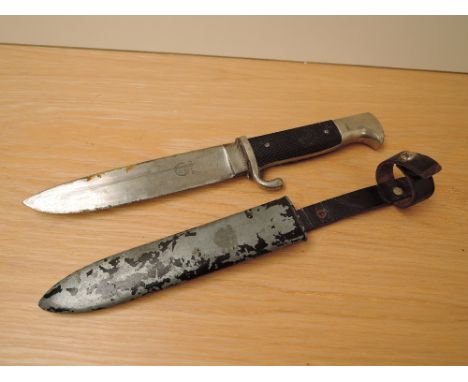 A German WWII Hitler Youth Dagger, blade marked RZM M7/31, blade length 13cm with metal scabbard
