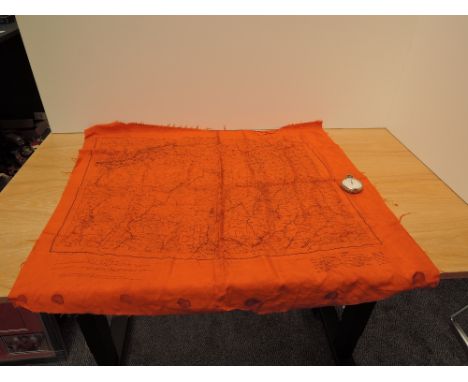 A WWII Two Sided Silk Escape Map, Central Burma and North Burma, in orange, small pin holes seen in the central area, stain m