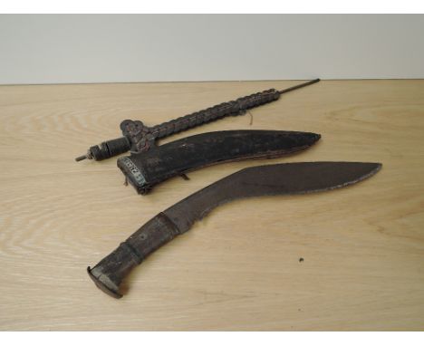 A Chinese Ceremonial Coin Sword, length 48cm along with a Kukri Knife, scabbard and handle af